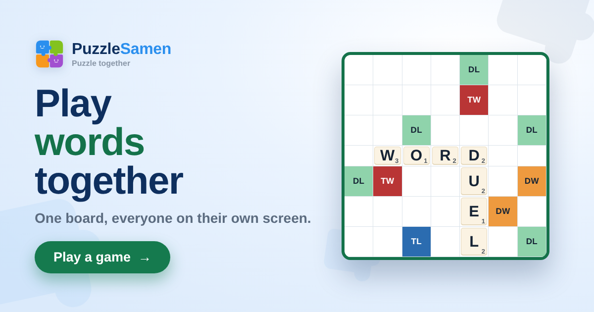 A corner of the Letterio board with the words WORD and DUEL on it, and the colored bonus squares
