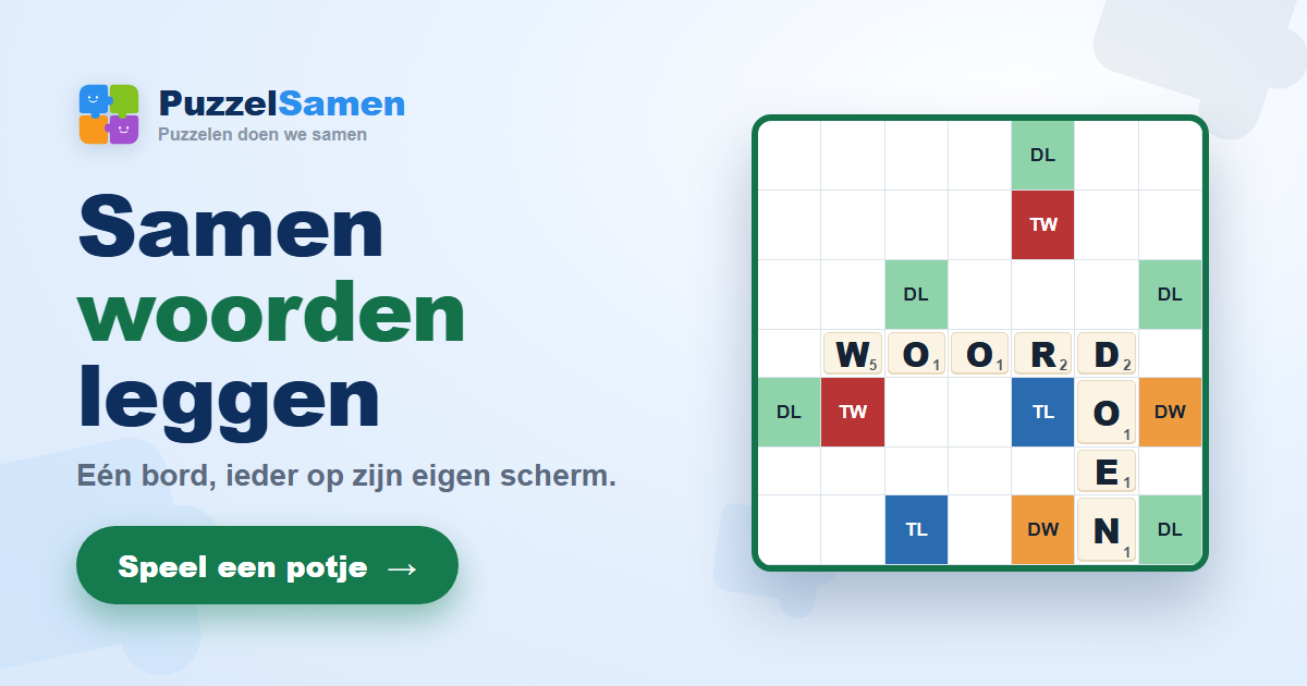 Een hoek van het woordstrijdbord met de woorden WOORD en DOEN erop, en de gekleurde bonusvakken